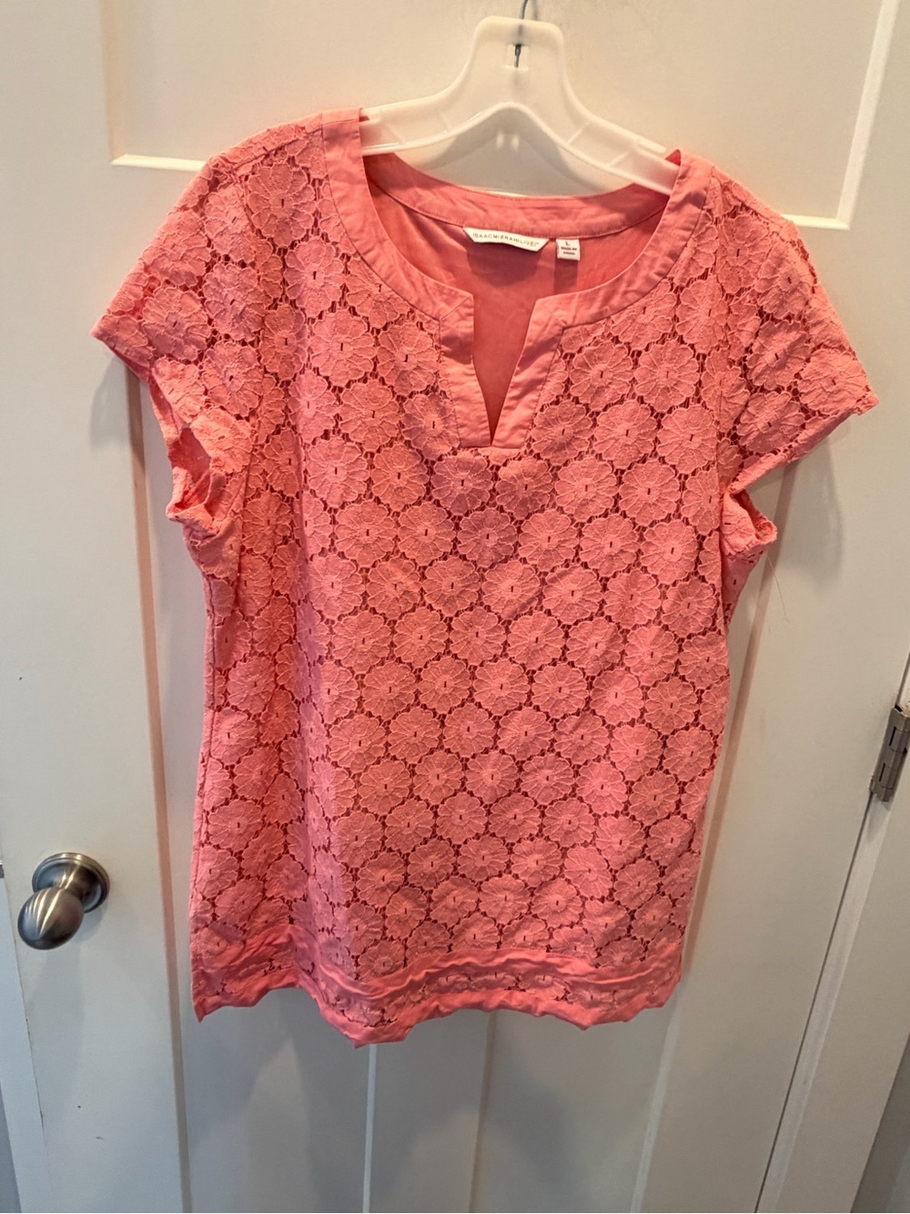 Isaac Mizrahi Live L Coral Pink Lace Tunic Floral Eyelet Short Sleeve Top